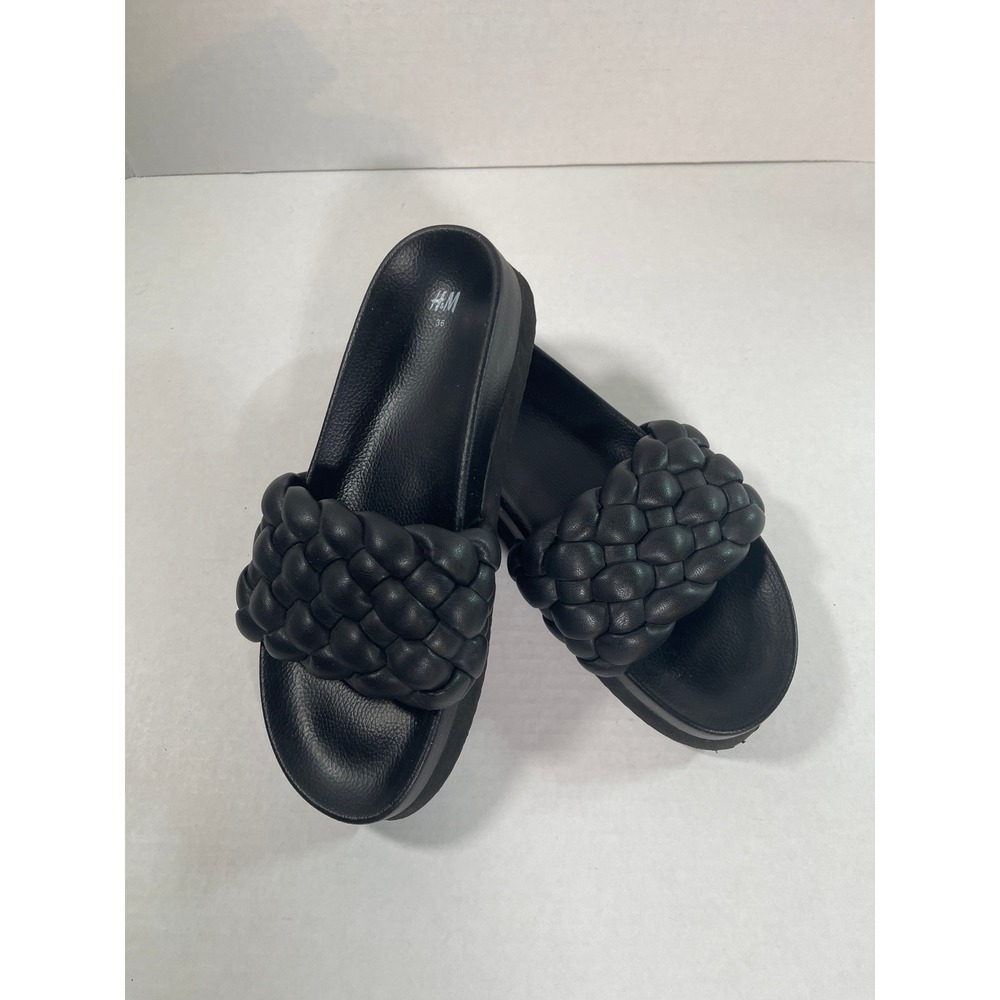 HM Black Braided Puffy Strap Platform Slide Sandals Womens Size 36 US 6 - Picture 11 of 12